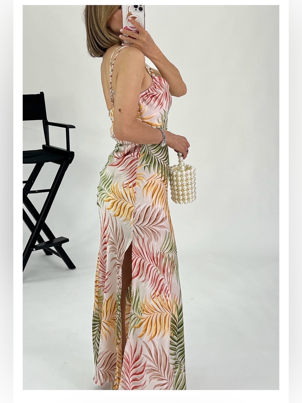One-Shoulder Tropical Leaf Maxi Dress in Pink, Green & Gold Tones - Picture 6 of 8